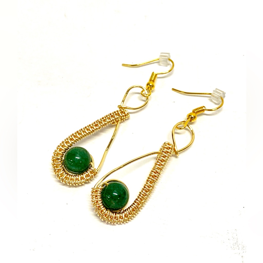 Handmade Green Aventurine Beads In Wrapped And Woven Frame Dangle Earrings